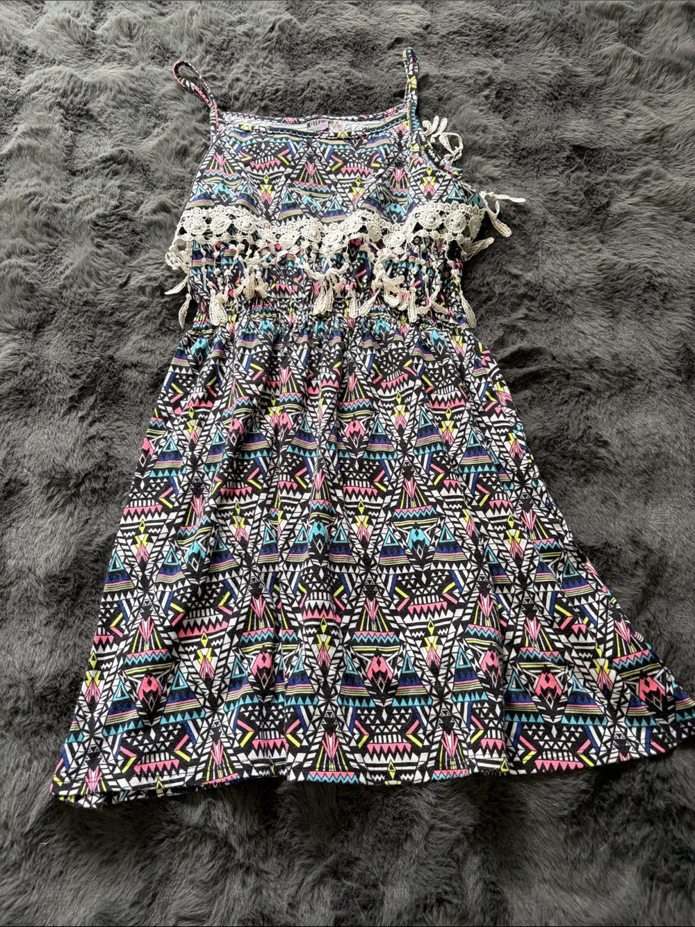 Girls' Tribal Print Spaghetti Strap Dress with Crochet Trim size 14/16